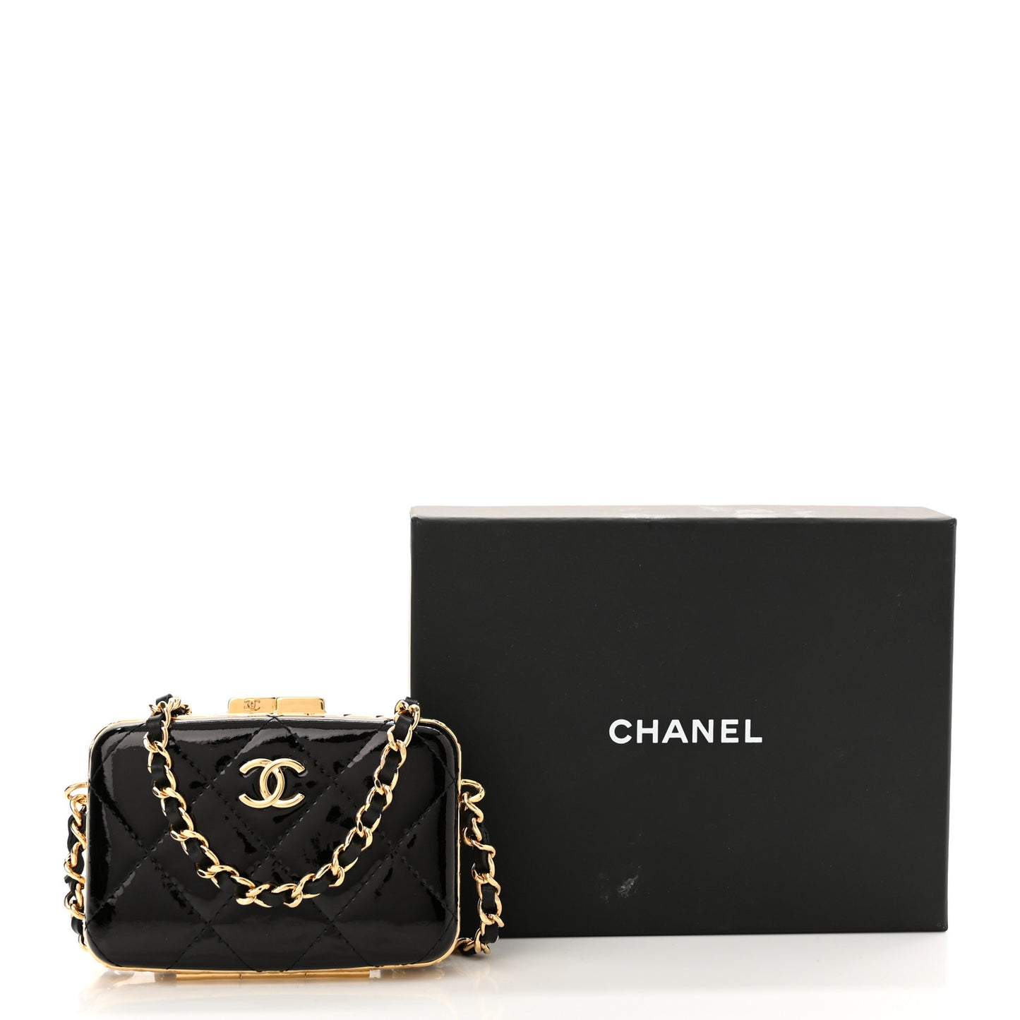 Glazed Goatskin Quilted Small Box With Chain Black