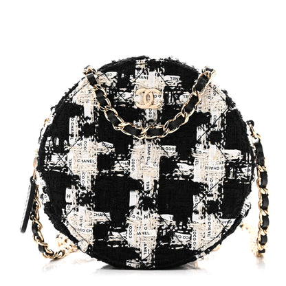 Chanel Tweed Quilted Round Clutch With Chain Black Ecru White 1 of 10