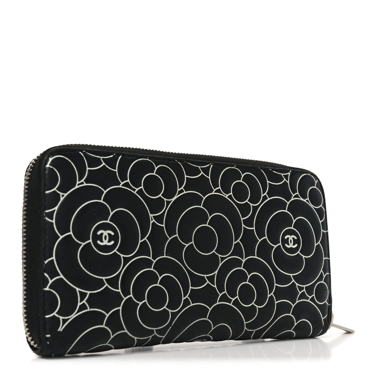 Lambskin Camellia Embossed Large Zip Around Gusset Wallet Black White