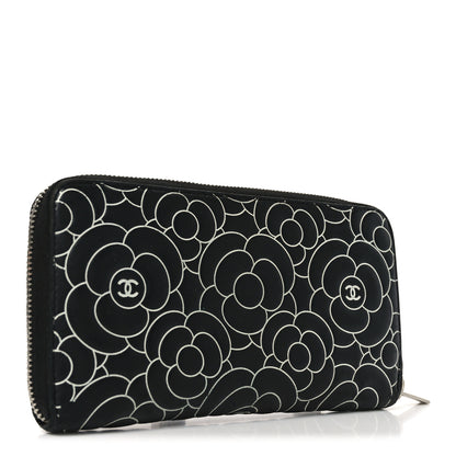 Chanel Lambskin Camellia Embossed Large Zip Around Gusset Wallet Black White 3 of 10