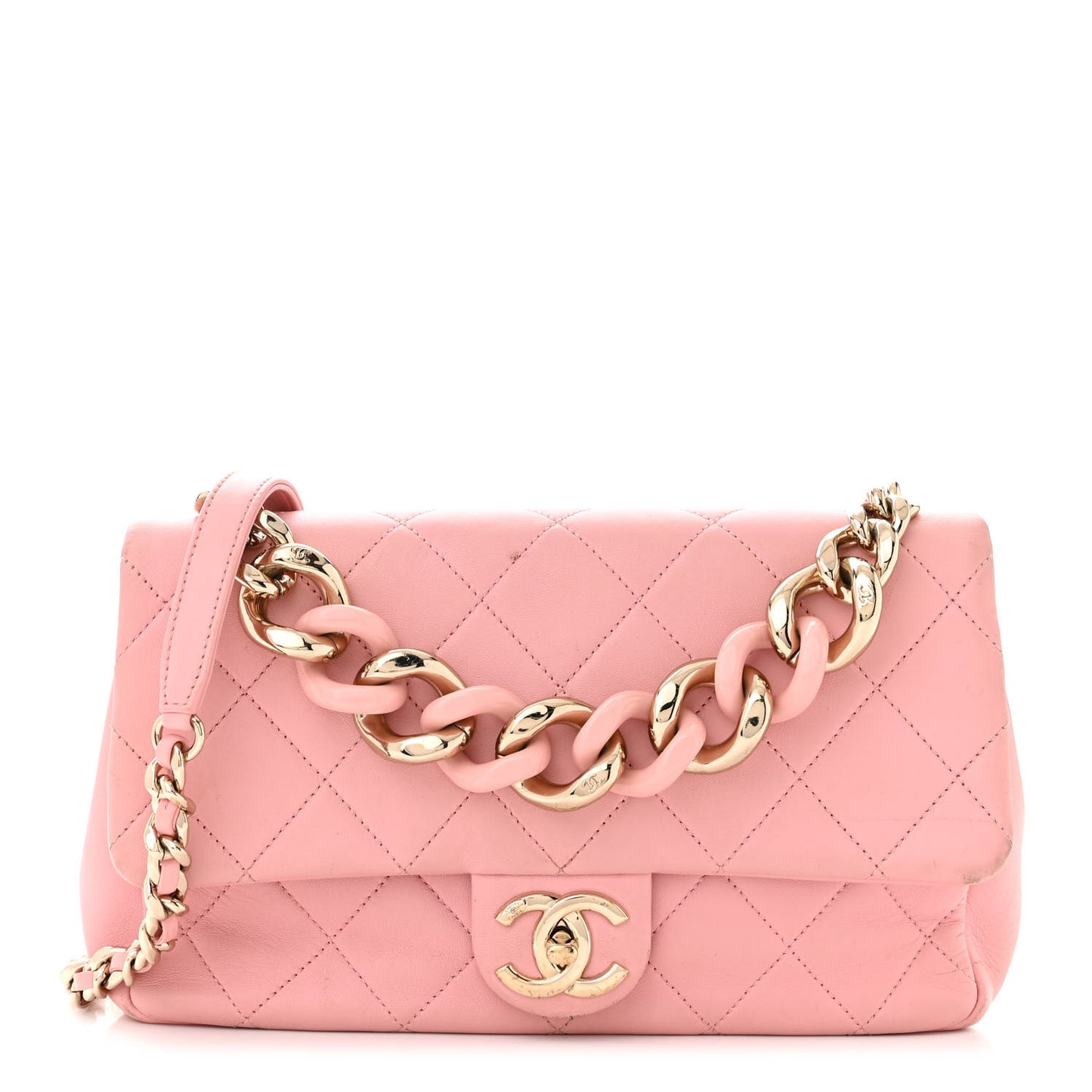 Lambskin Quilted Resin Bi-Color Chain Flap Bag Pink