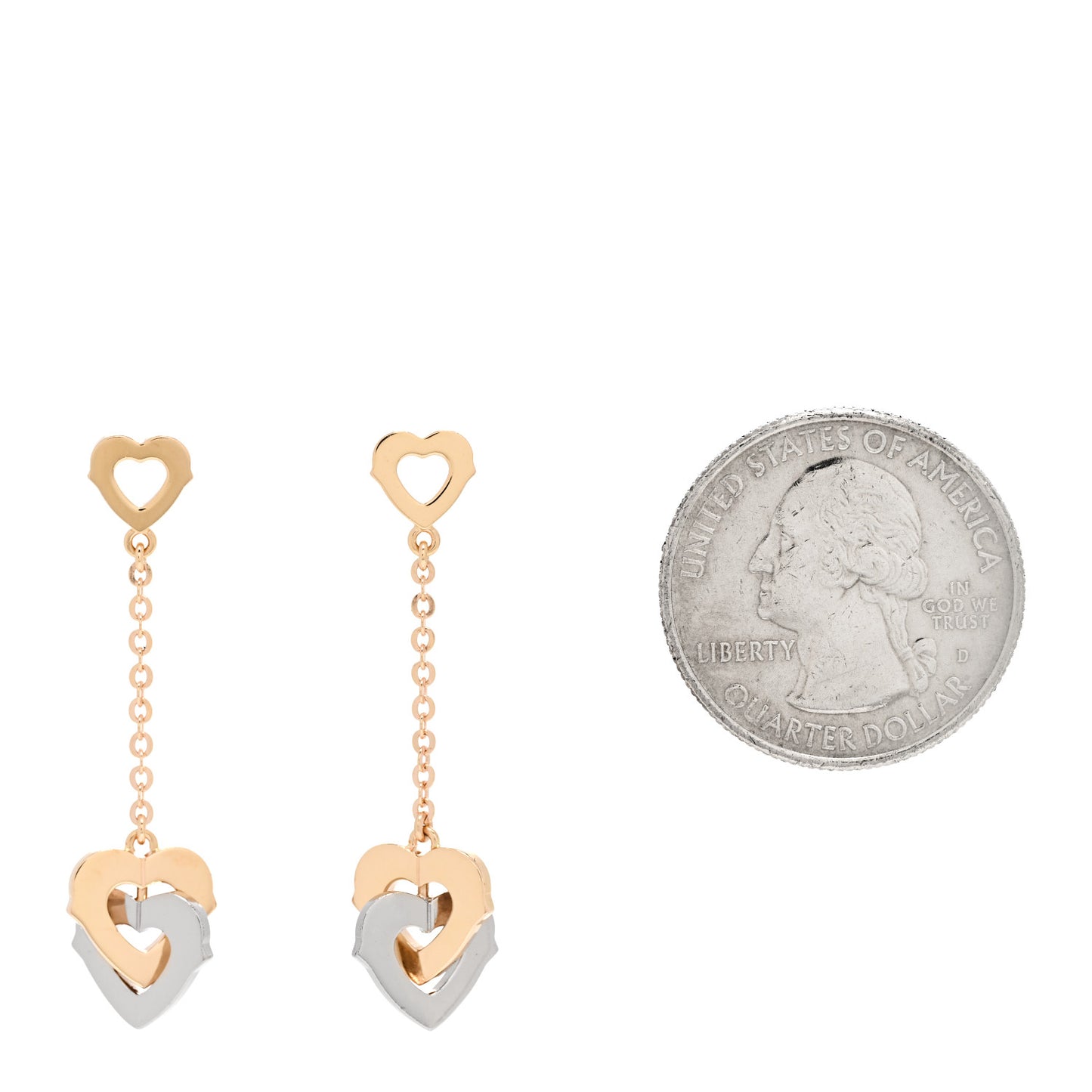 18K Pink White Gold Double Heart Drop Earrings