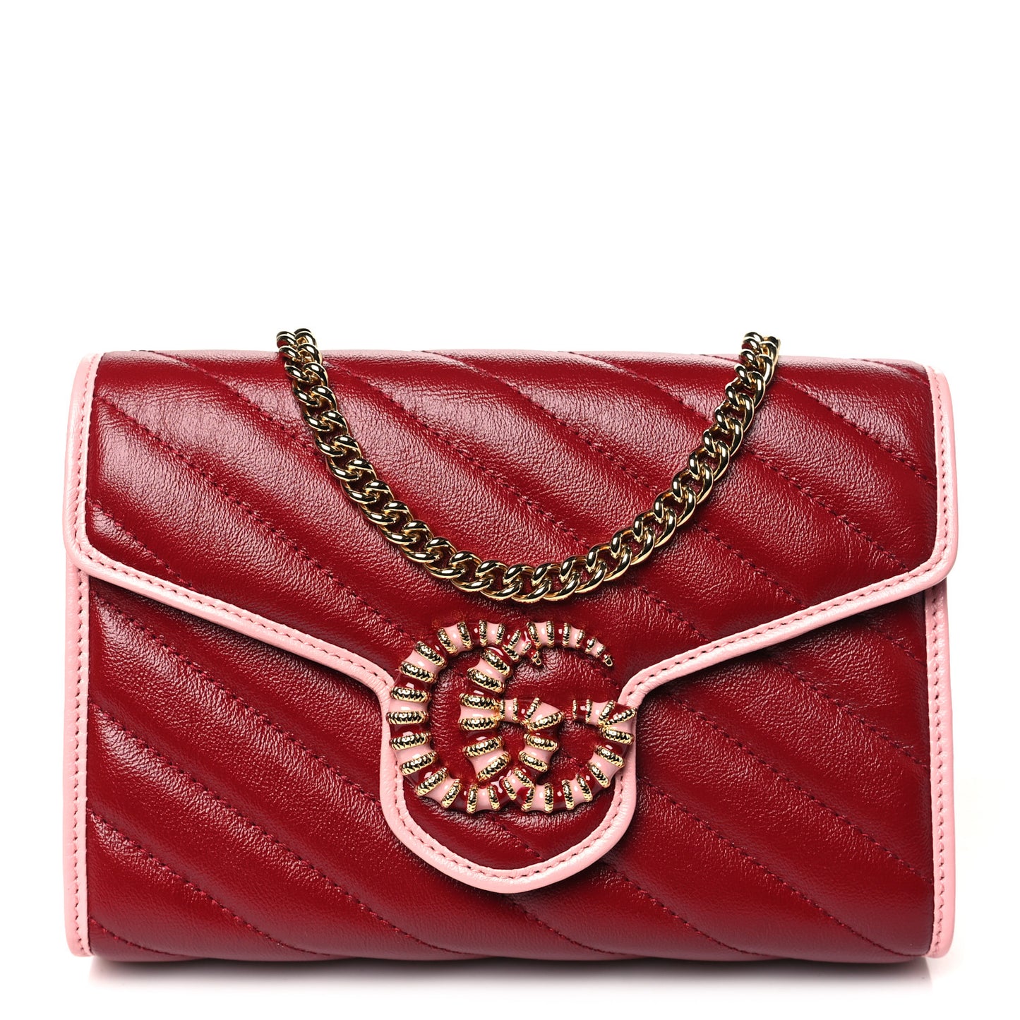 Azalea Calfskin Enamel Matelasse Diagonal Torchon GG Marmont Chain Wallet New Cherry Red Wild Rose