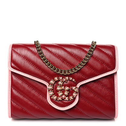 Gucci Azalea Calfskin Enamel Matelasse Diagonal Torchon GG Marmont Chain Wallet New Cherry Red Wild Rose 1 of 11