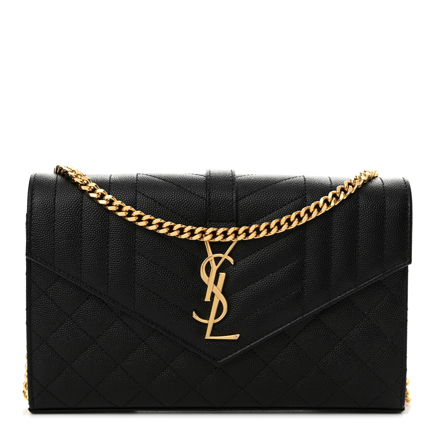 Saint Laurent Grain De Poudre Mixed Matelasse Triquilt Monogram Chain Wallet Black 1 of 12