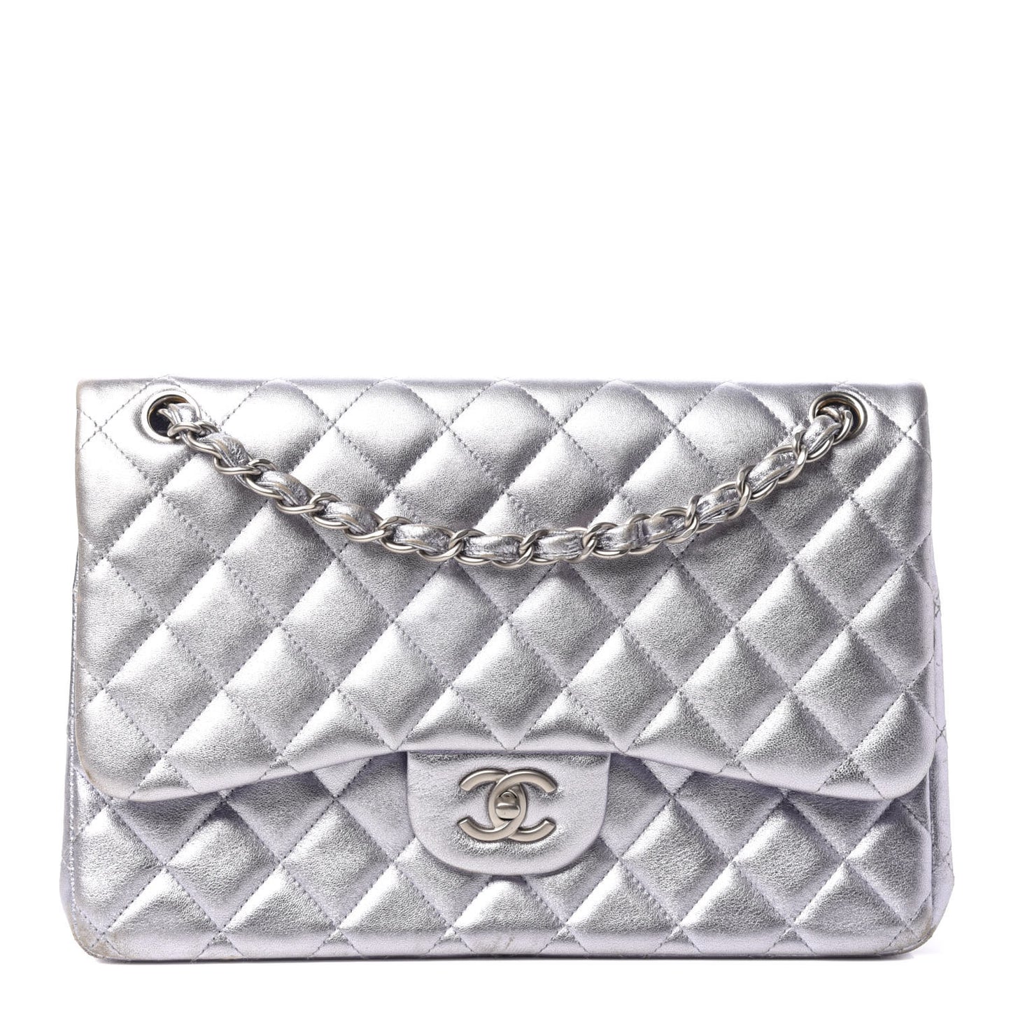 Metallic Lambskin Quilted Jumbo Double Flap Light Purple