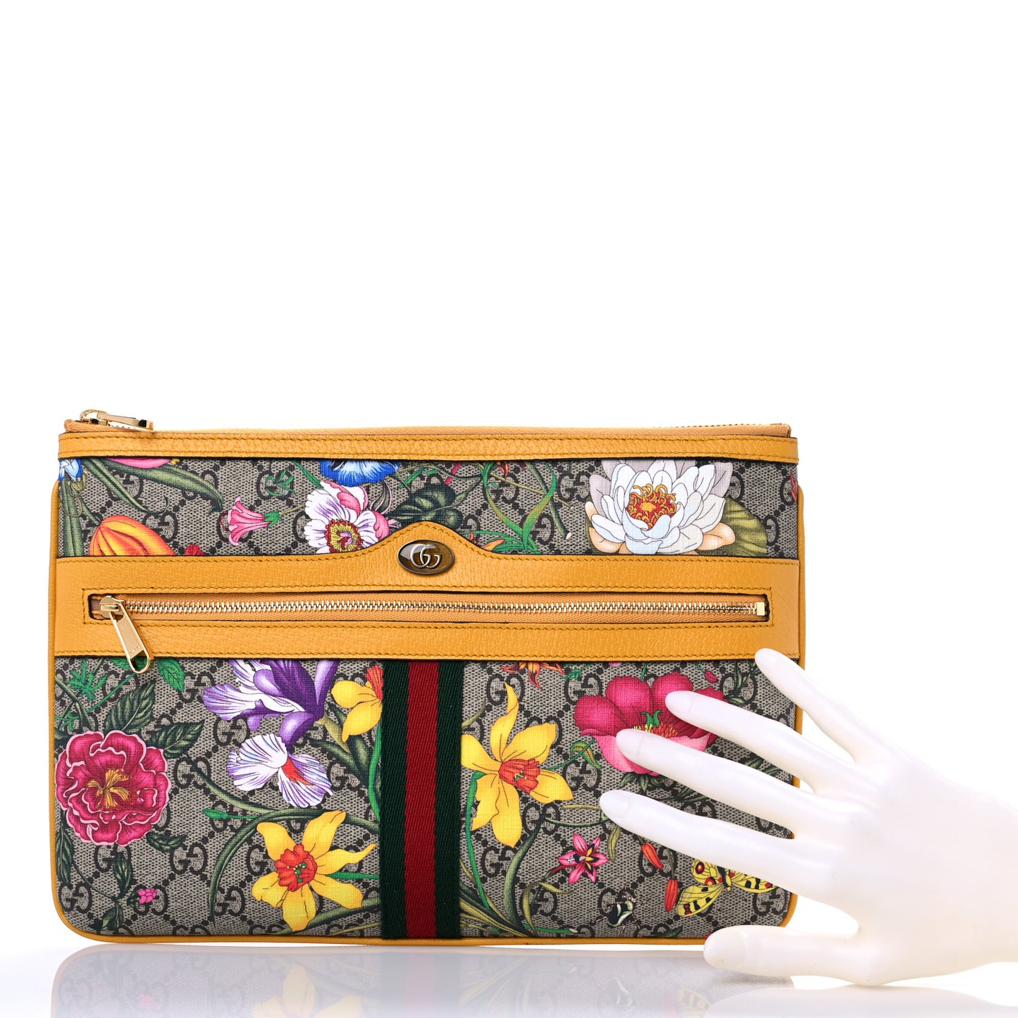 GG Supreme Monogram Flora Large Ophidia Pouch Clutch Beige Multicolor Crop