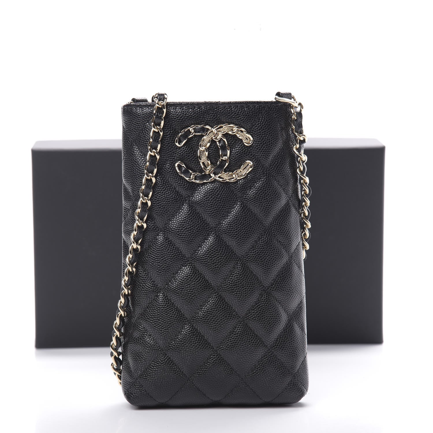 Chanel Caviar Quilted French New Wave Phone Holder With Chain Black 12 of 12