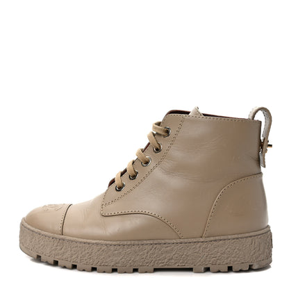 Chanel Calfskin CC Turnlock Lace Up Boots 38 Beige 1 of 8