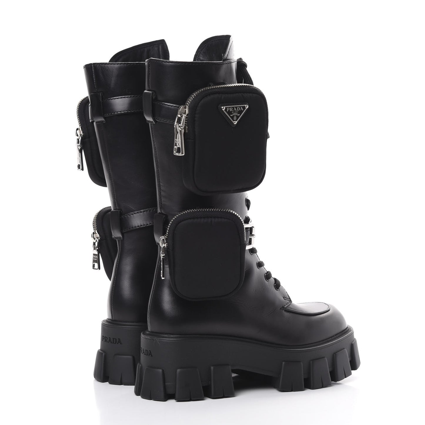 Vitello Lux Nylon Metal Triangle Logo Monolith Pouch Pocket 55mm Tall Combat Boots 35 Black
