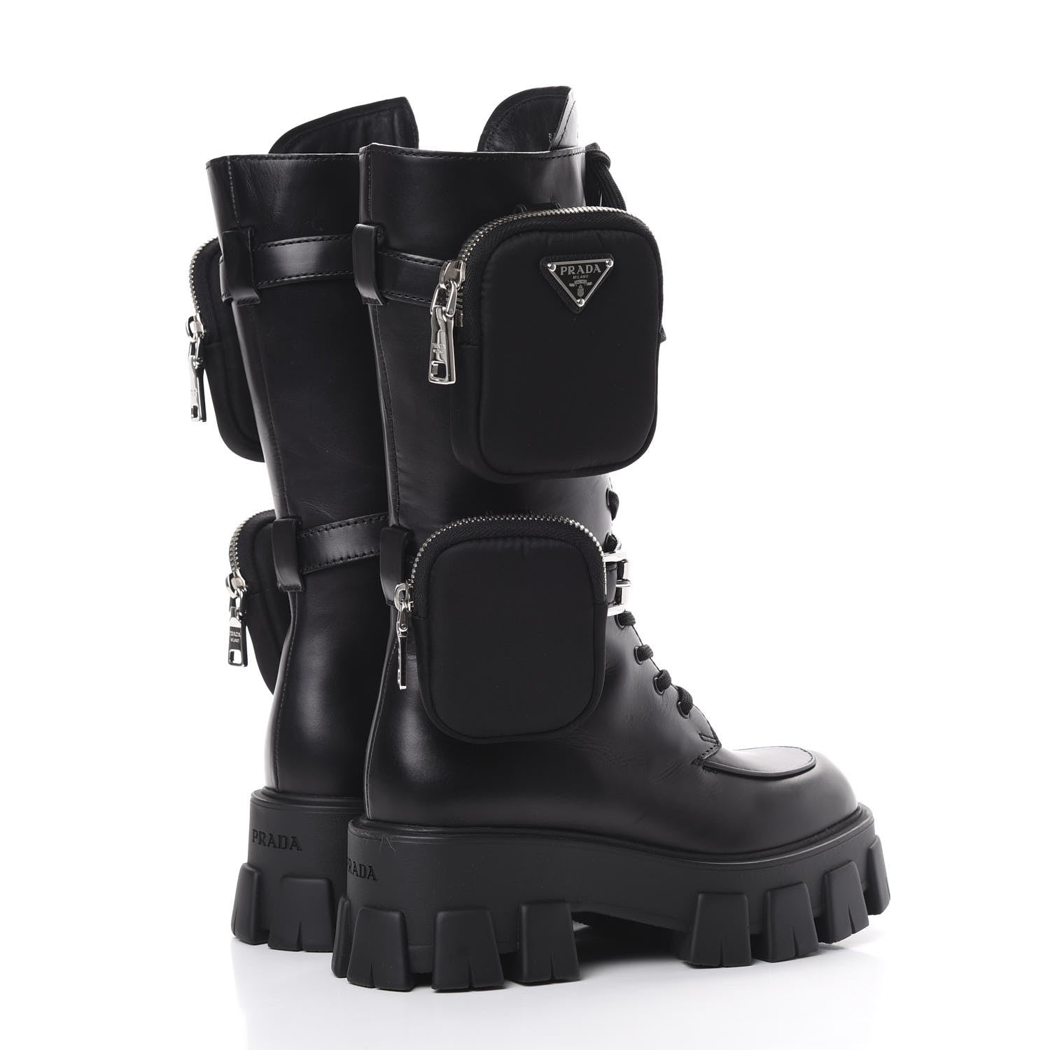 Prada Vitello Lux Nylon Metal Triangle Logo Monolith Pouch Pocket 55mm Tall Combat Boots 35 Black 4 of 8