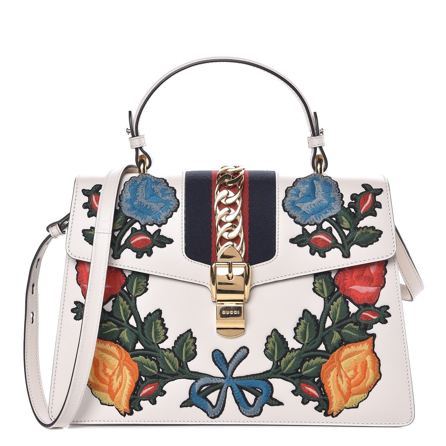 Gucci Calfskin Embroidered Medium Sylvie Top Handle Bag White 1 of 8