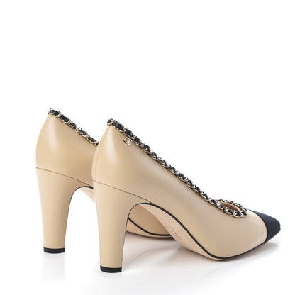 Chanel Lambskin Grosgrain Chain Cap Toe Pumps 41 Beige Black 4 of 6