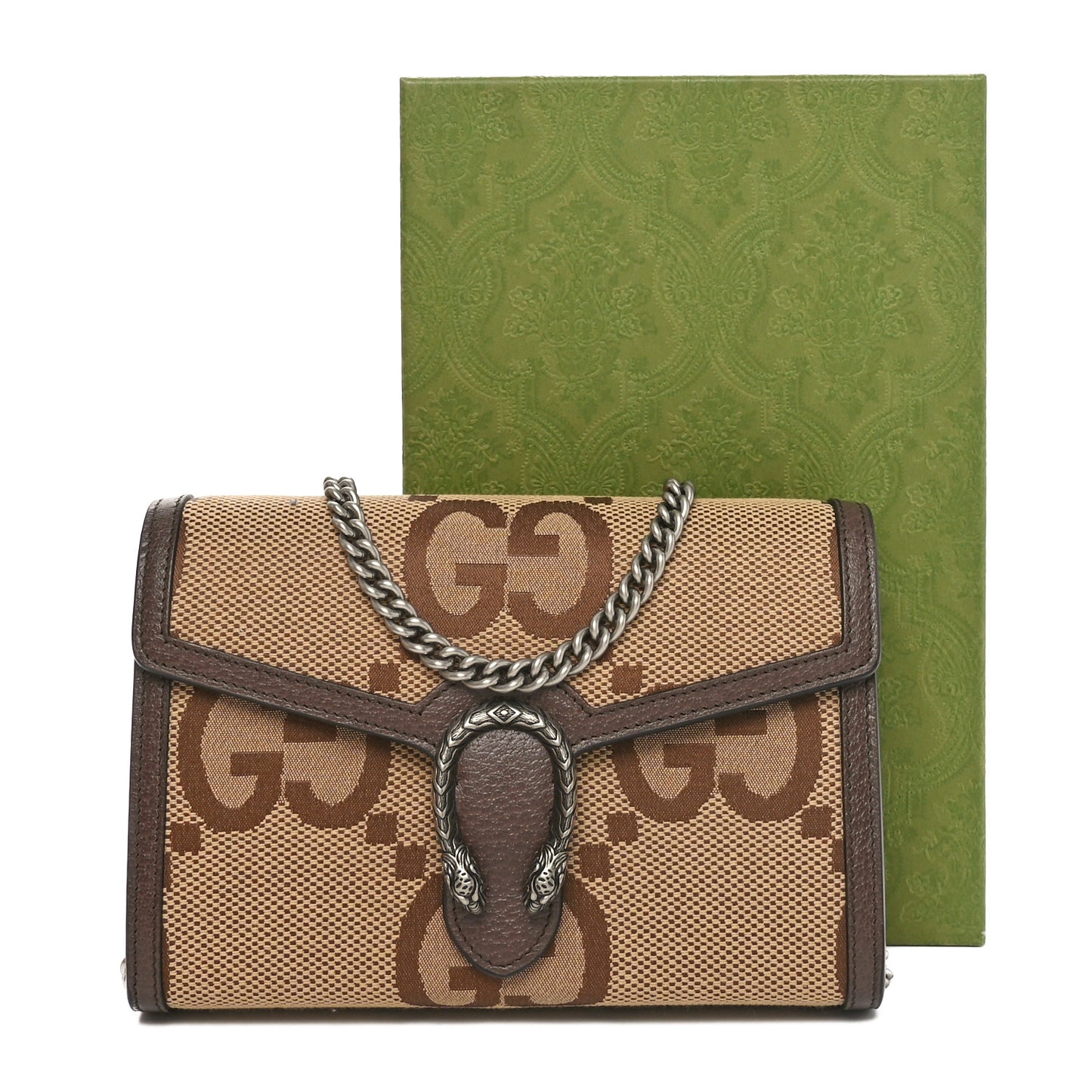 Monogram Jumbo GG Textured Dollar Calfskin Mini Dionysus Chain Wallet Camel Ebony New Acero
