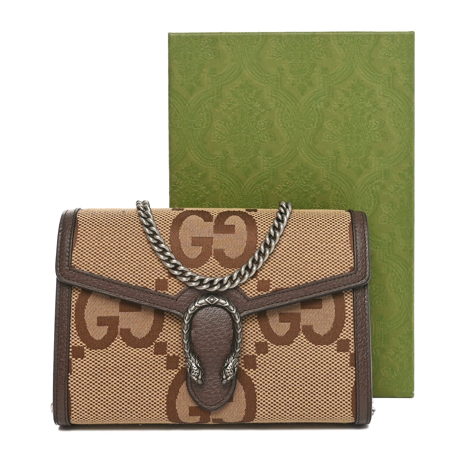 Gucci Monogram Jumbo GG Textured Dollar Calfskin Mini Dionysus Chain Wallet Camel Ebony New Acero 11 of 11