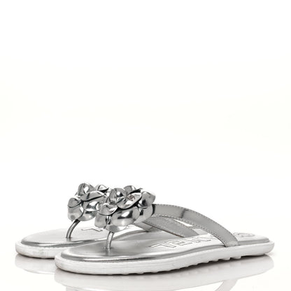 Chanel Iridescent Patent Calfskin Camellia Thong Sandals 37 Silver 3 of 8