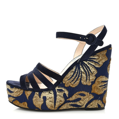 Prada Suede Brocade Wedge Sandals 40 Blue Gold 1 of 7