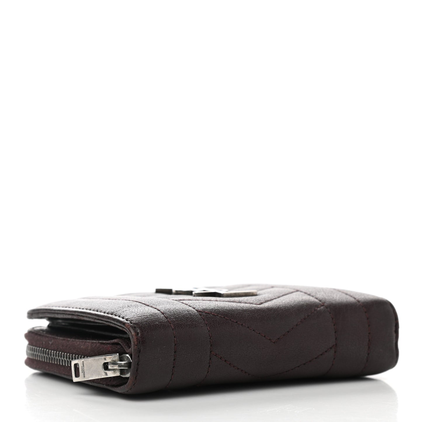 Calfskin Mixed Matelasse Chevron Monogram Compact Zip Around Wallet Dark Brown