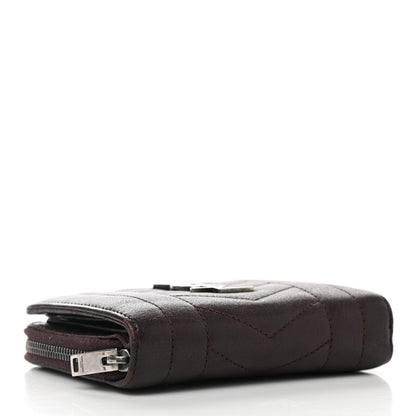 Saint Laurent Calfskin Mixed Matelasse Chevron Monogram Compact Zip Around Wallet Dark Brown 4 of 7