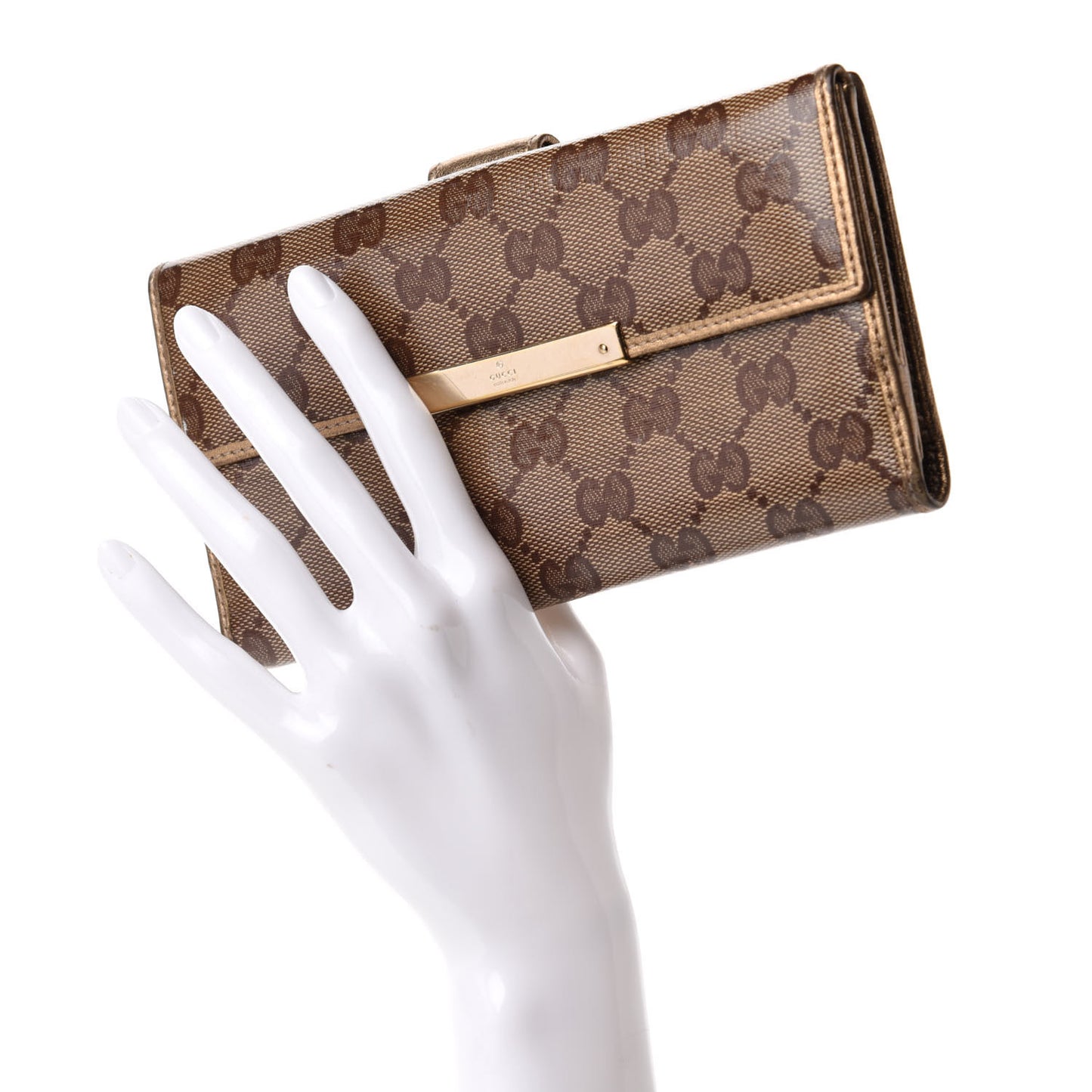Crystal Monogram Metal Bar Continental Flap Wallet Gold