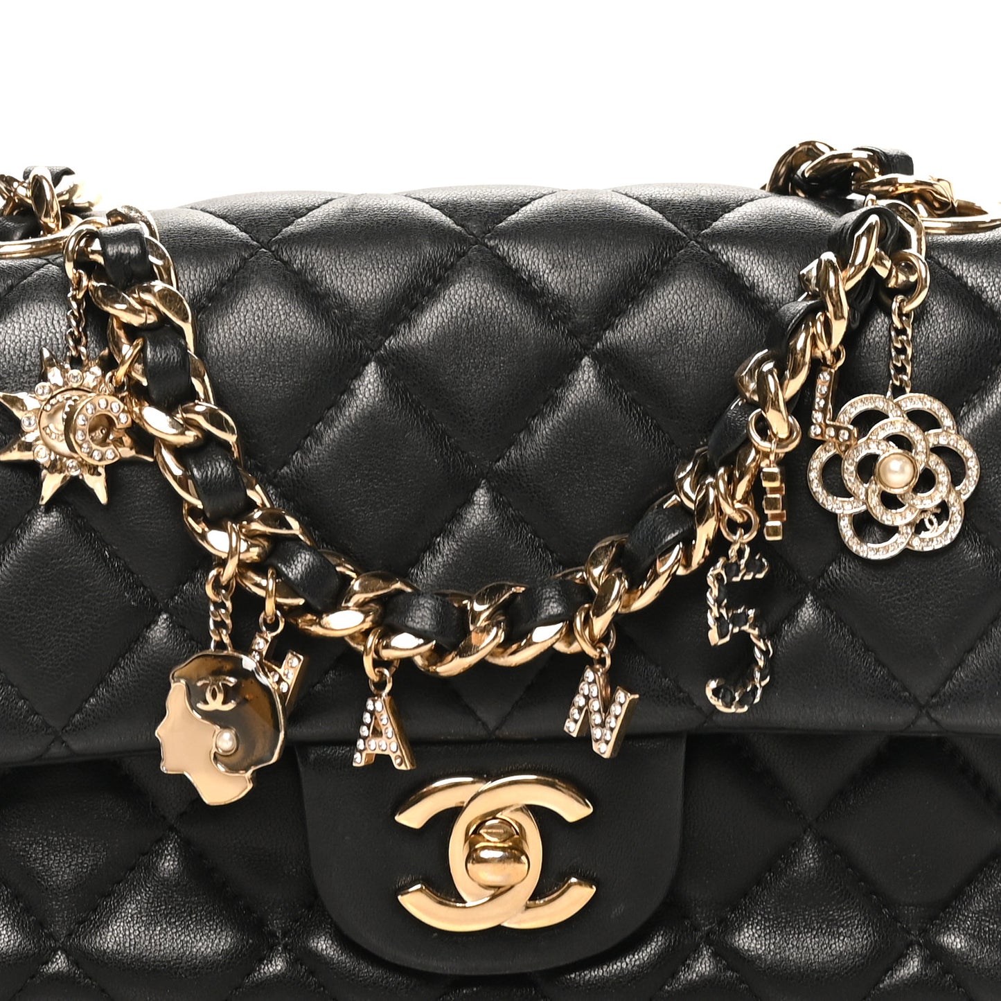 Lambskin Quilted Mini Coco Charms Rectangular Flap Black