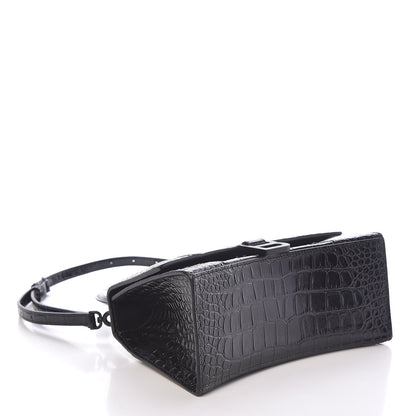 Balenciaga Shiny Calfskin Monochrome Crocodile Embossed Small Hourglass Top Handle Bag Black 4 of 9