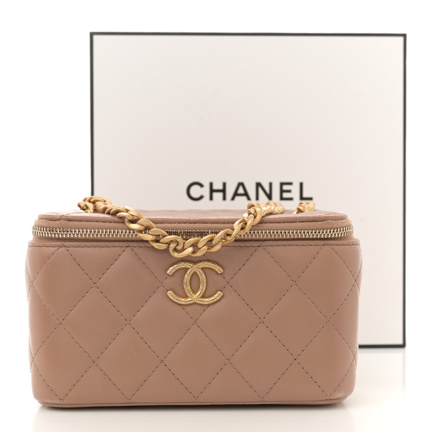 Lambskin Quilted Small Pillow Crush Vanity Case With Chain Beige