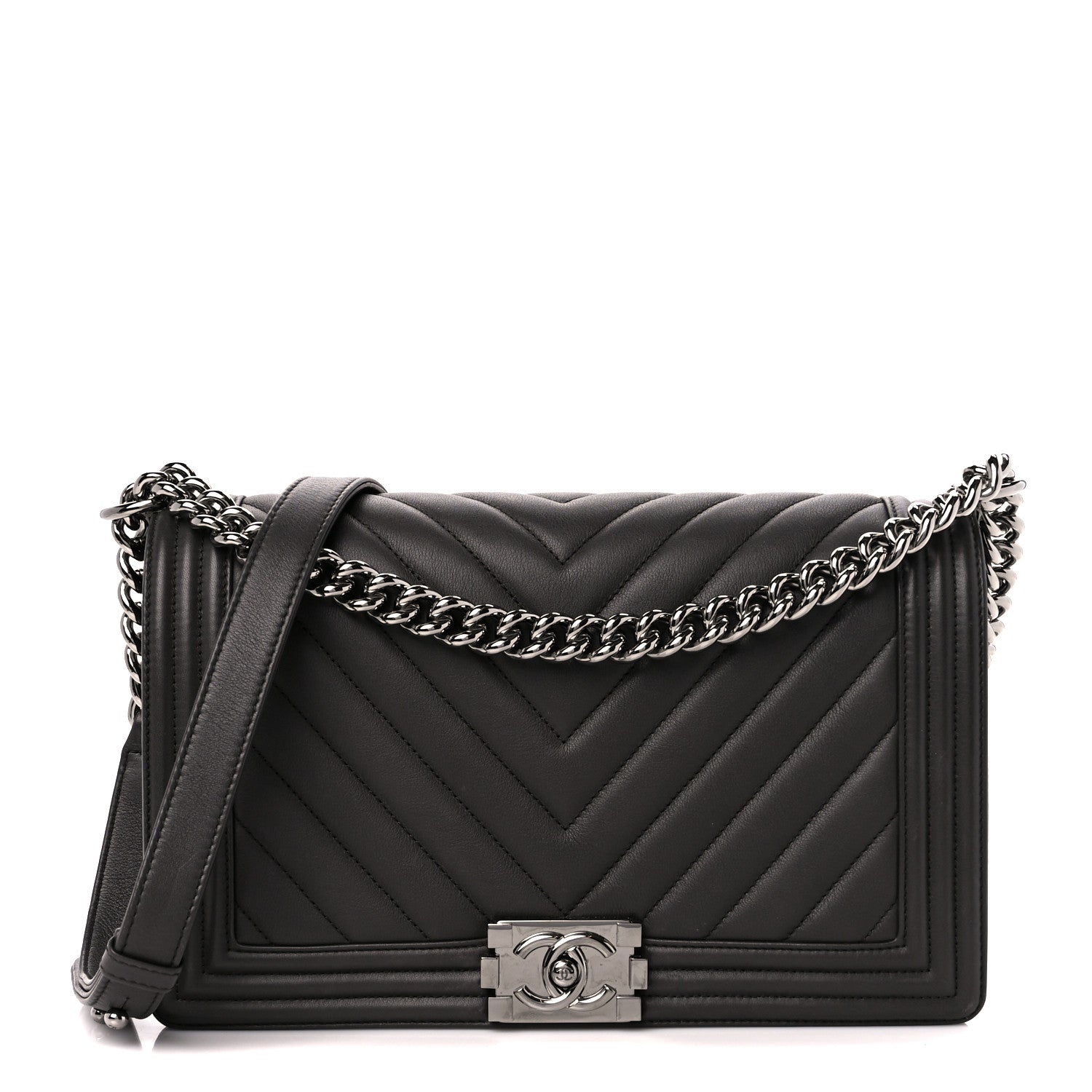 Chanel Calfskin Chevron Quilted New Medium Boy Flap Dark Grey 1 of 11
