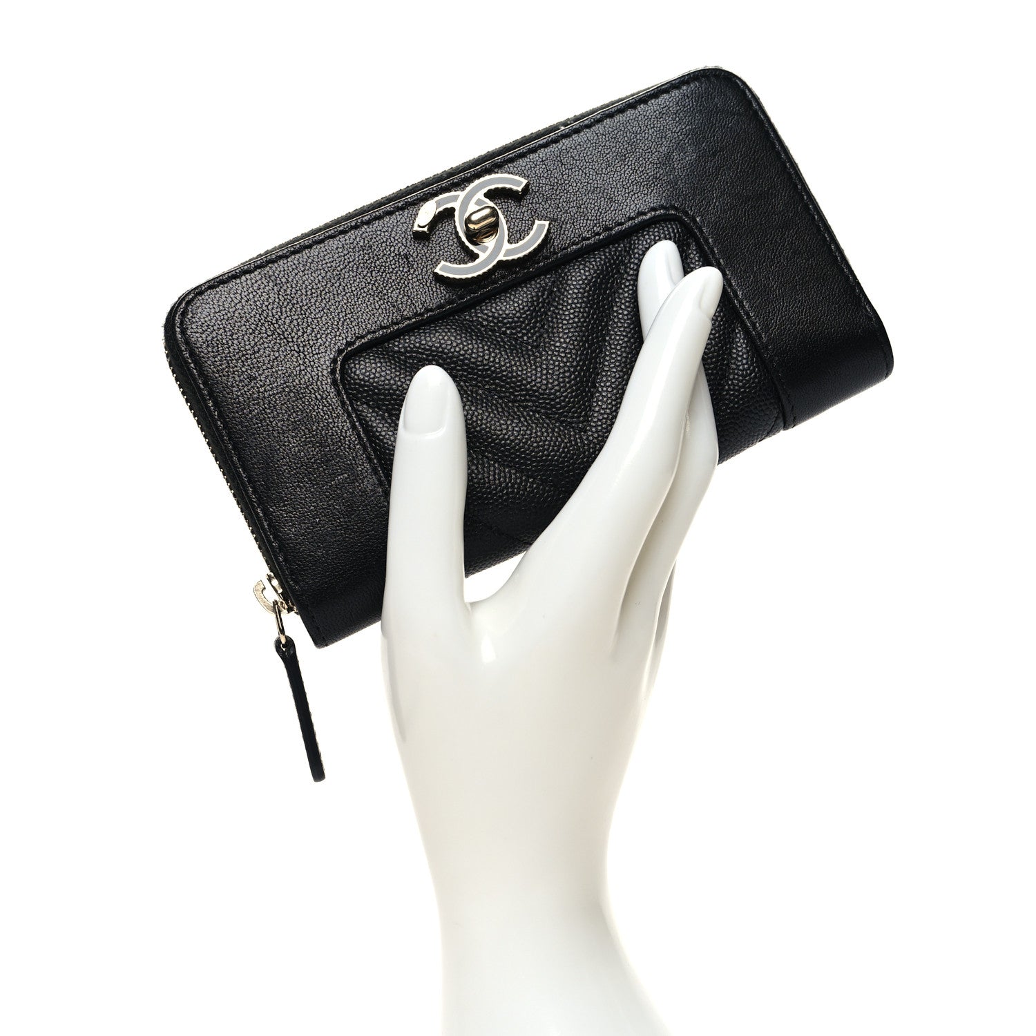 Chanel Caviar Sheepskin Chevron Quilted Medium Mademoiselle Vintage Zip Around Wallet Black 2 of 11