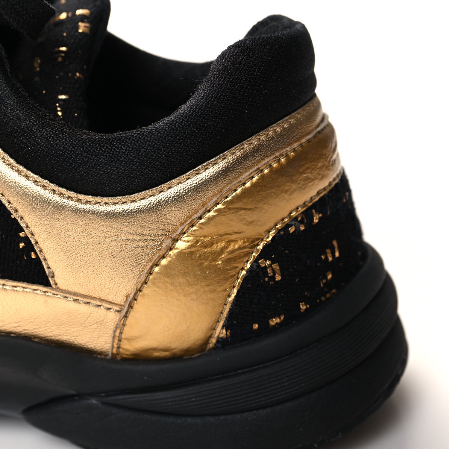 Chanel Satin Lambskin Fabric Tweed CC Sneakers 38.5 Gold Black 9 of 13