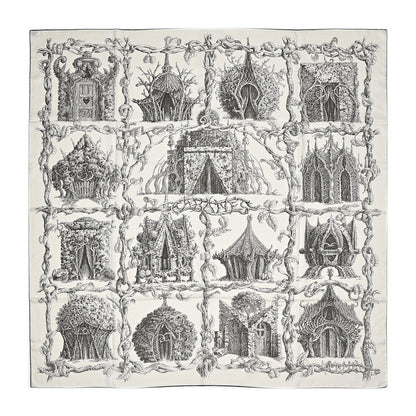Hermes Cashmere Silk Les Cabanes Shawl 140 White Sepia 1 of 5