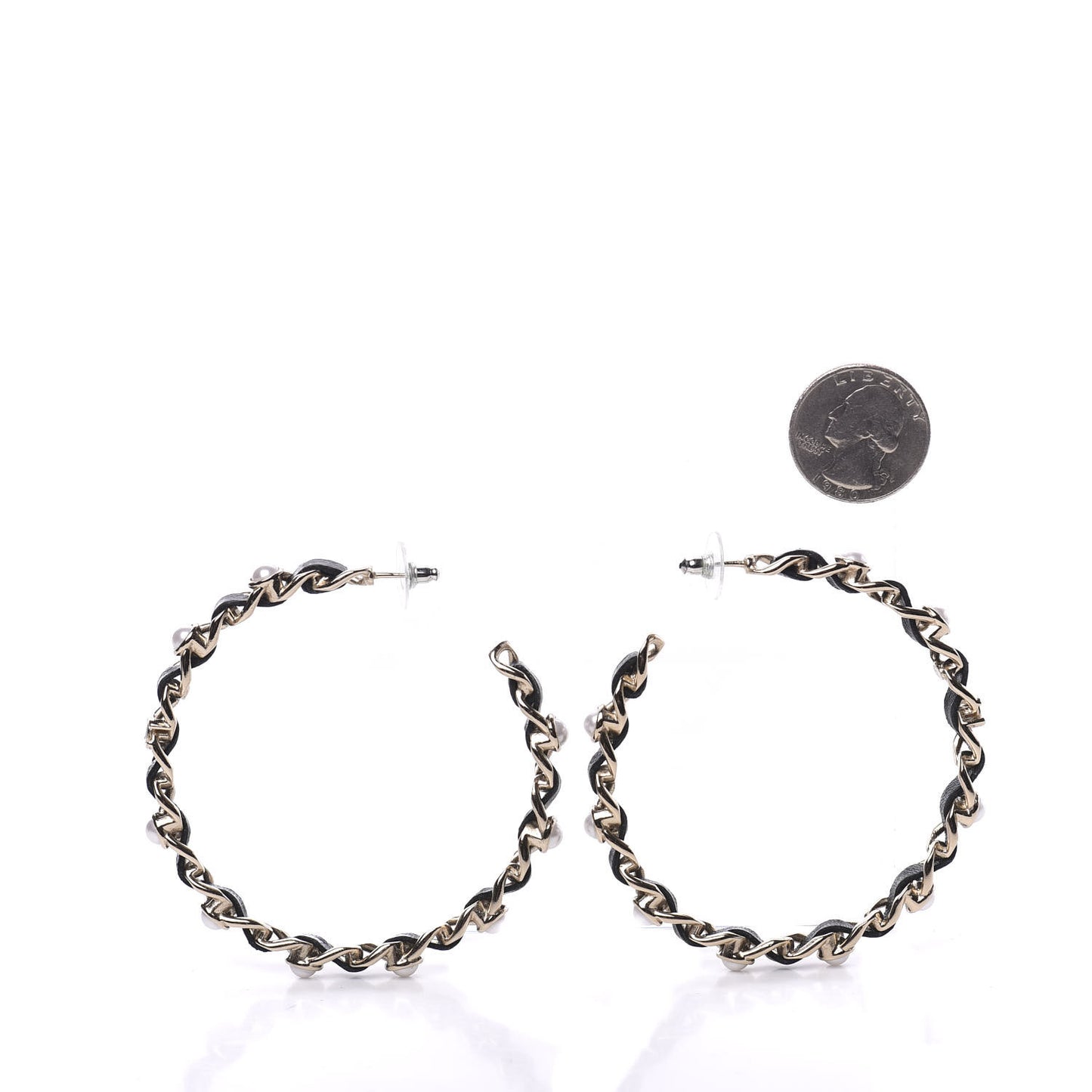 Lambskin Pearl More Is More CC Chain Hoop Earrings Gold Black