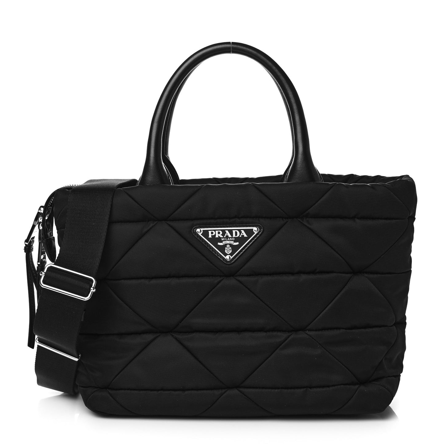 Re-Nylon Nappa Triangle Quilted Padded Small Double Handled Zip Tote Black