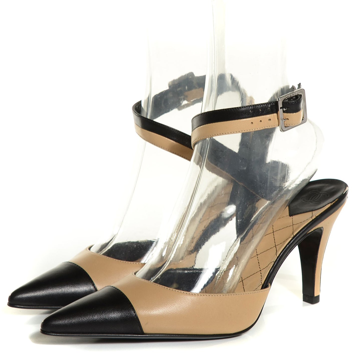 Lambskin Cap Toe Ankle Strap Pumps 37 Black Beige