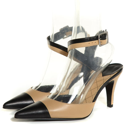 Chanel Lambskin Cap Toe Ankle Strap Pumps 37 Black Beige 3 of 6