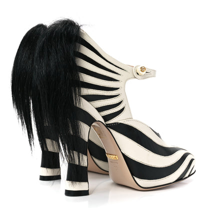 Gucci Malaga Kid Fur Zebra Inlay Lesley Mary Jane Pumps 37 Mystic White Black 4 of 9