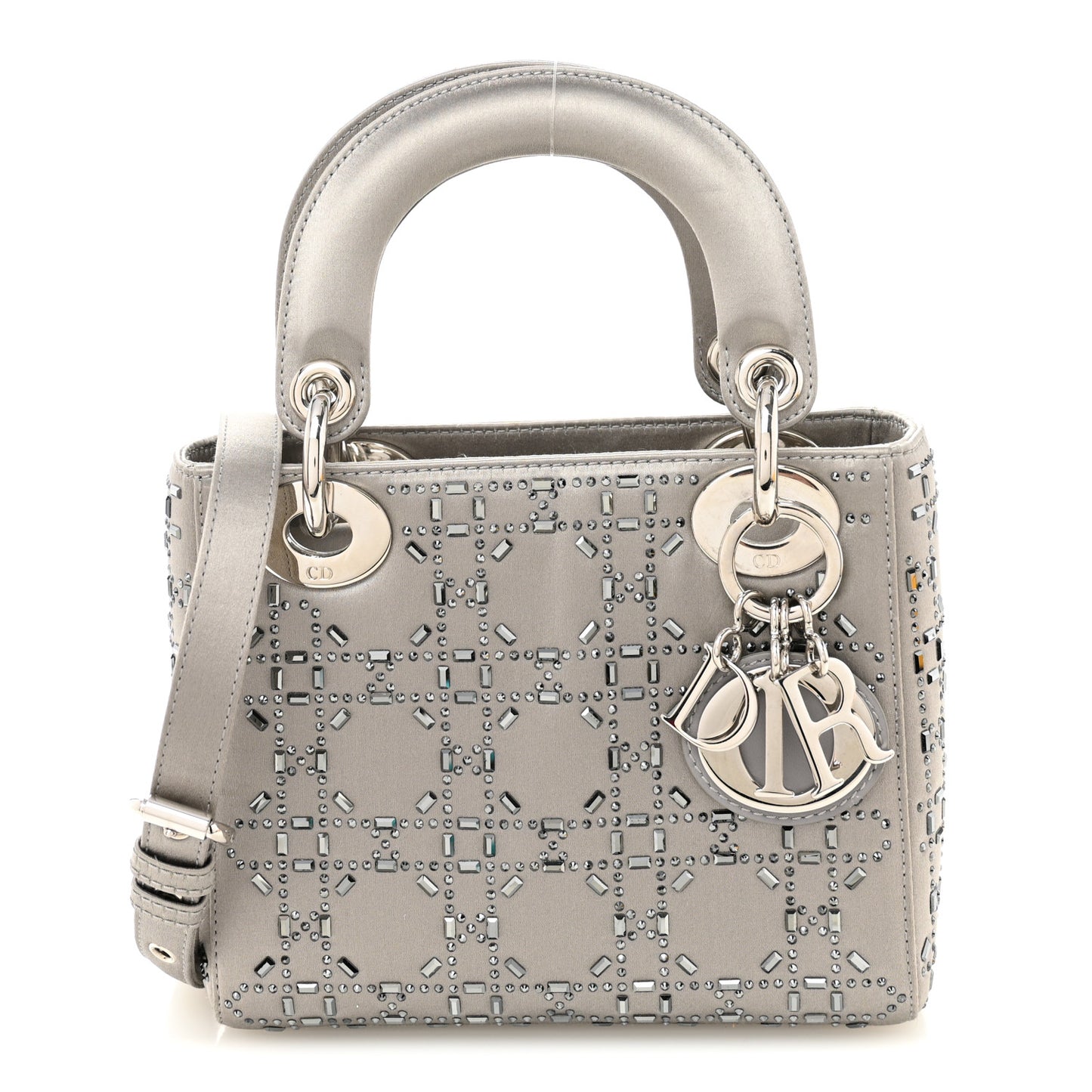 Satin Crystal Cannage Mini Lady Dior Gray