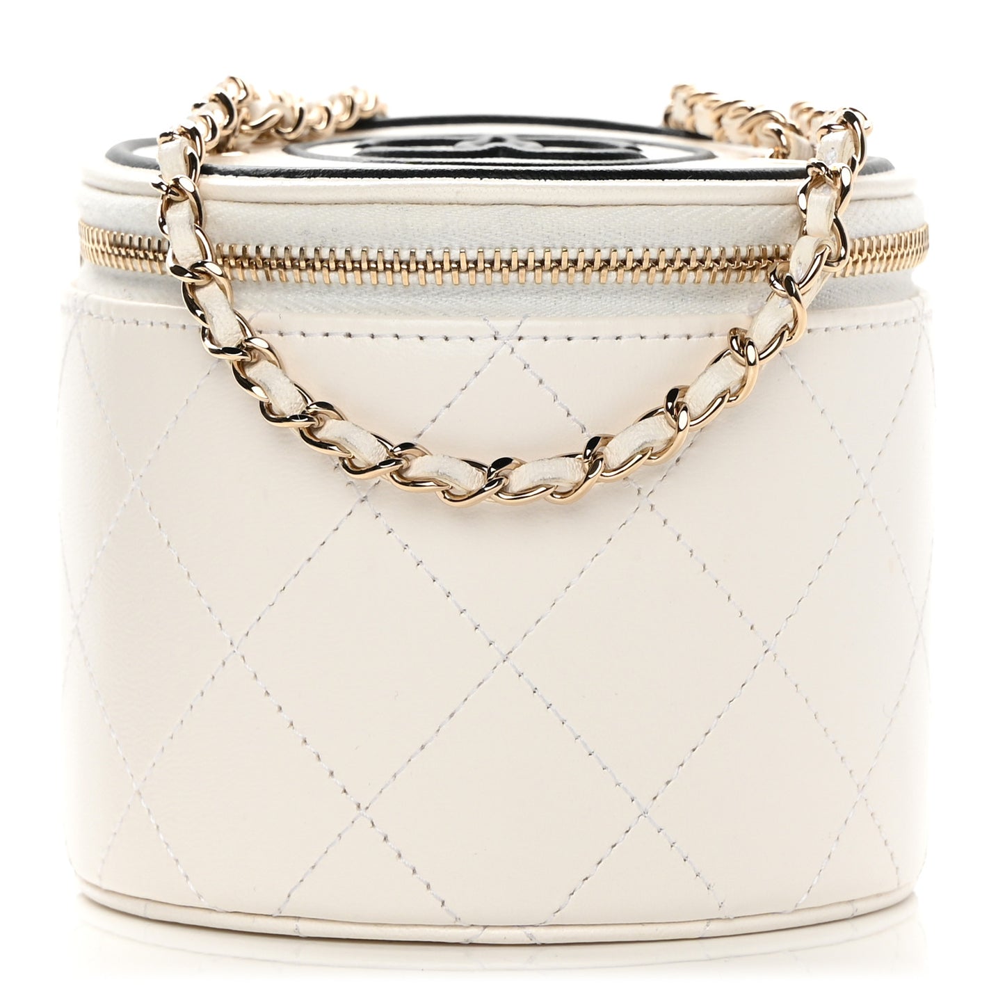 Lambskin Quilted Round Small Vanity Case With Chain White Black