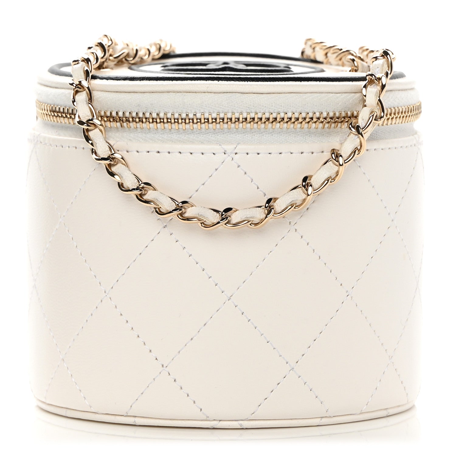 Chanel Lambskin Quilted Round Small Vanity Case With Chain White Black 1 of 13