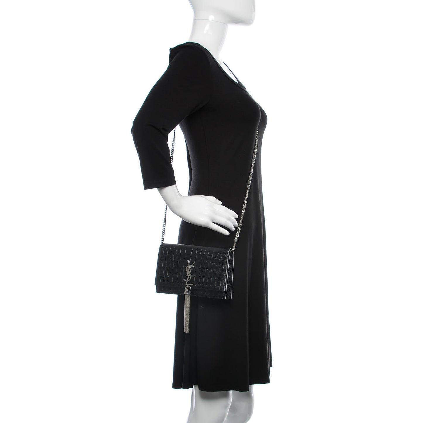 Calfskin Crocodile Embossed Kate Monogram Tassel Chain Wallet Black