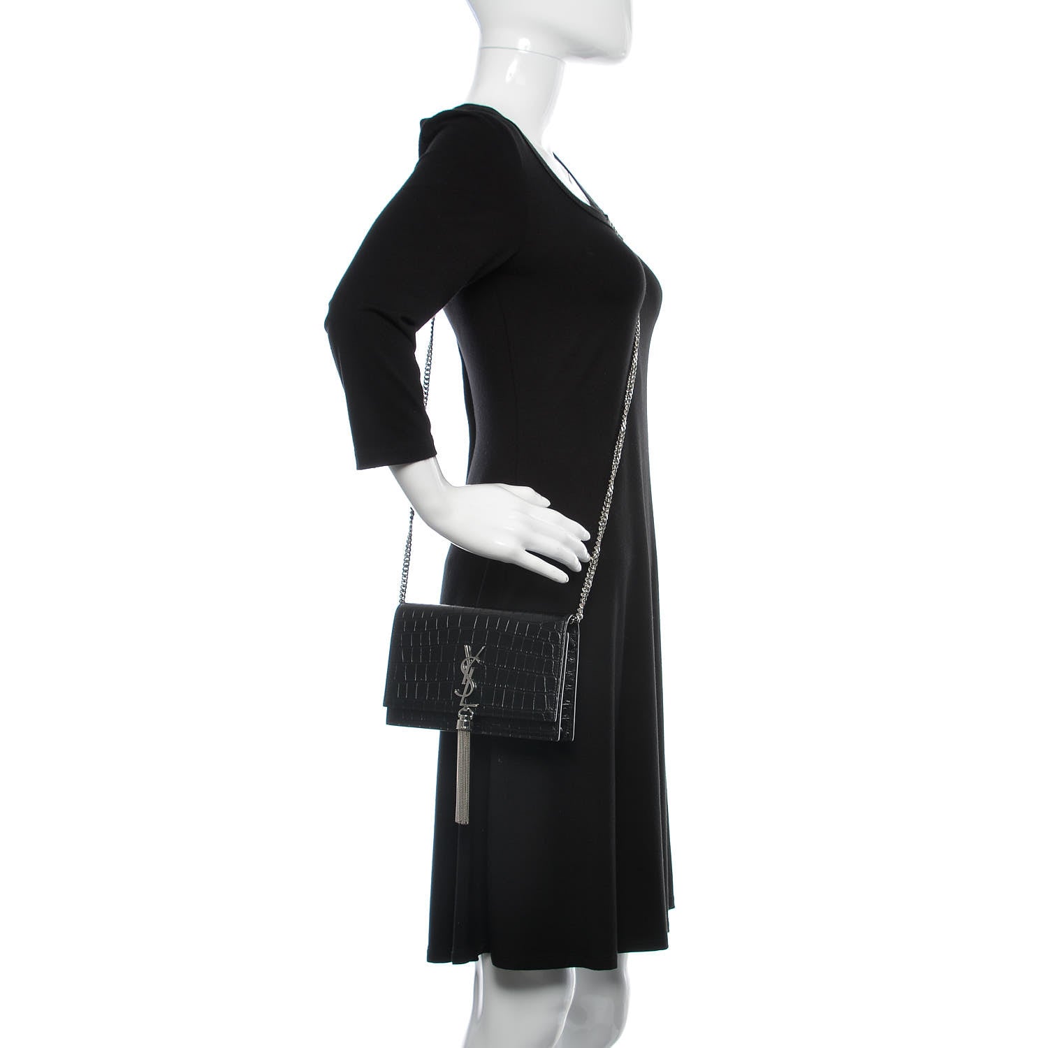 Saint Laurent Calfskin Crocodile Embossed Kate Monogram Tassel Chain Wallet Black 2 of 12