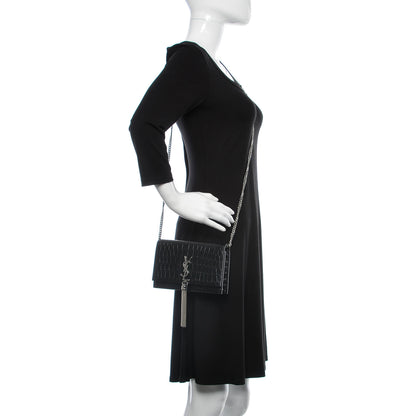 Saint Laurent Calfskin Crocodile Embossed Kate Monogram Tassel Chain Wallet Black 2 of 12