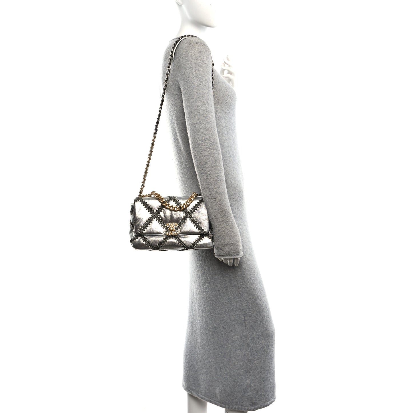 Metallic Calfskin Crochet Medium Chanel 19 Flap Silver