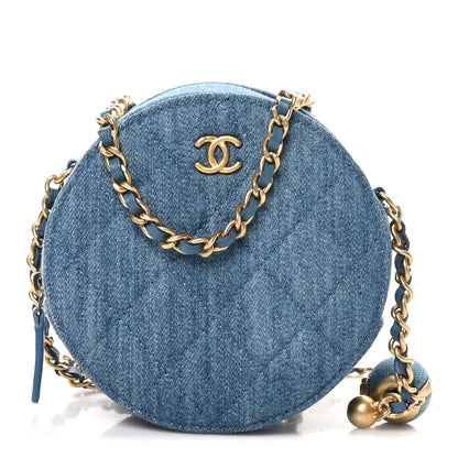 Chanel Denim Quilted Round Pearl Crush Clutch With Chain Blue 1 of 10