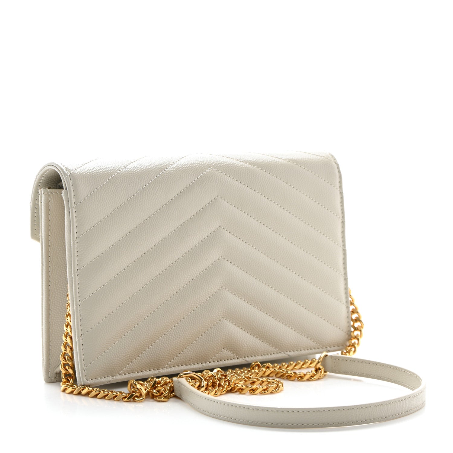 Saint Laurent Grain De Poudre Matelasse Chevron Monogram Envelope Chain Wallet Crema Soft 3 of 10