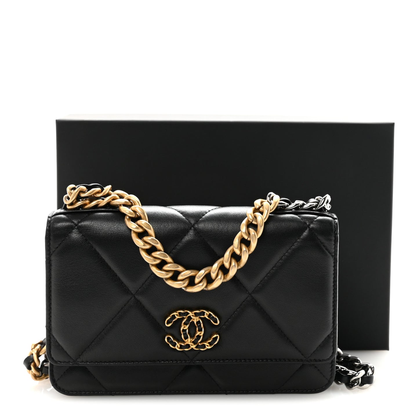 Lambskin Quilted Chanel 19 Wallet On Chain WOC Black