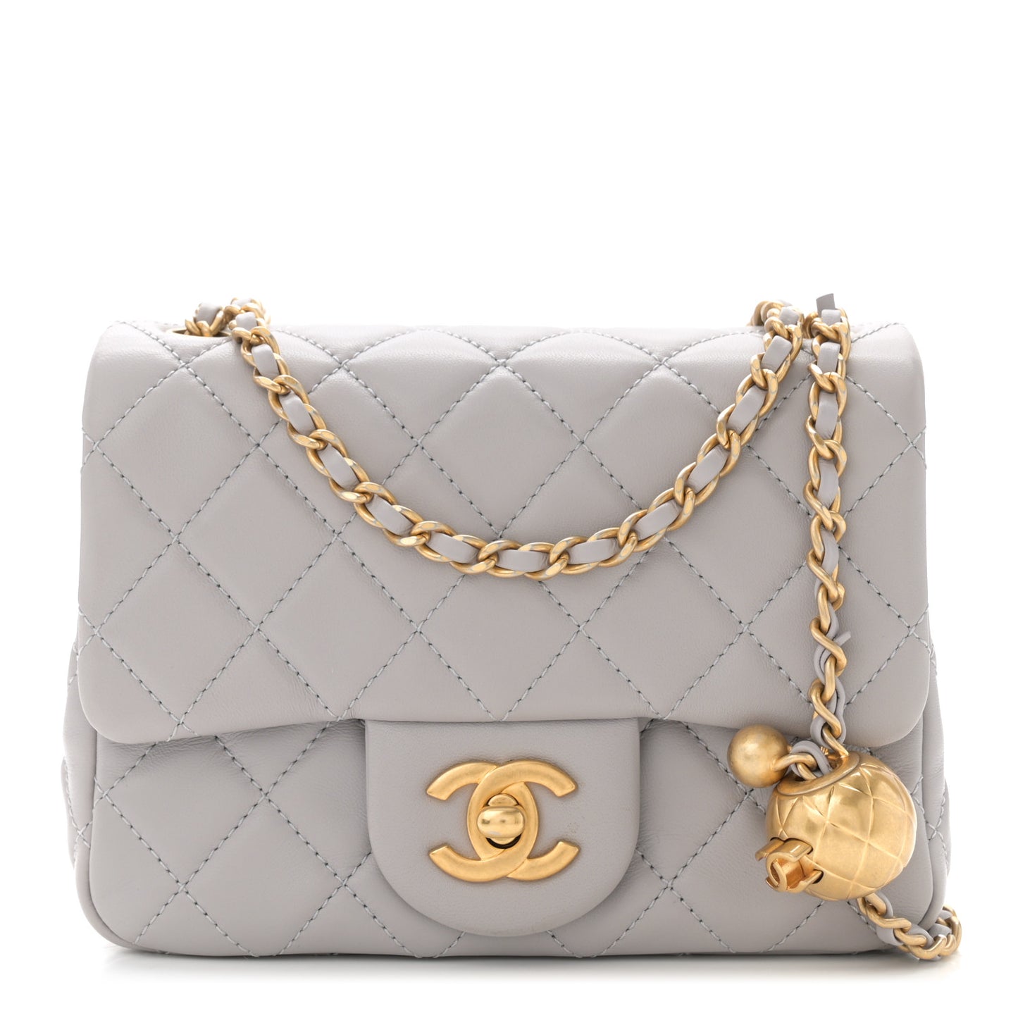 Lambskin Quilted Mini Pearl Crush Flap Light Grey