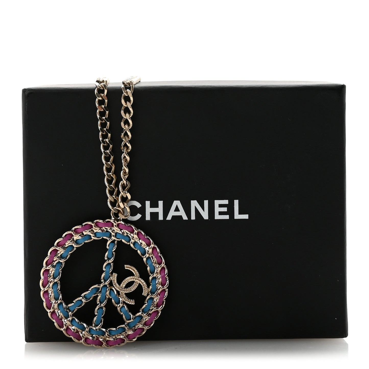Metal Calfskin Chain Peace Sign CC Necklace Blue Purple Gold