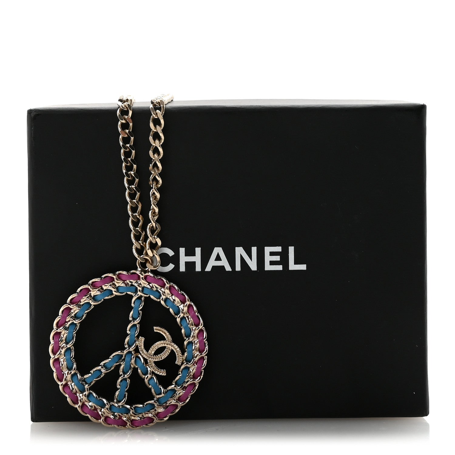 Chanel Metal Calfskin Chain Peace Sign CC Necklace Blue Purple Gold 7 of 7