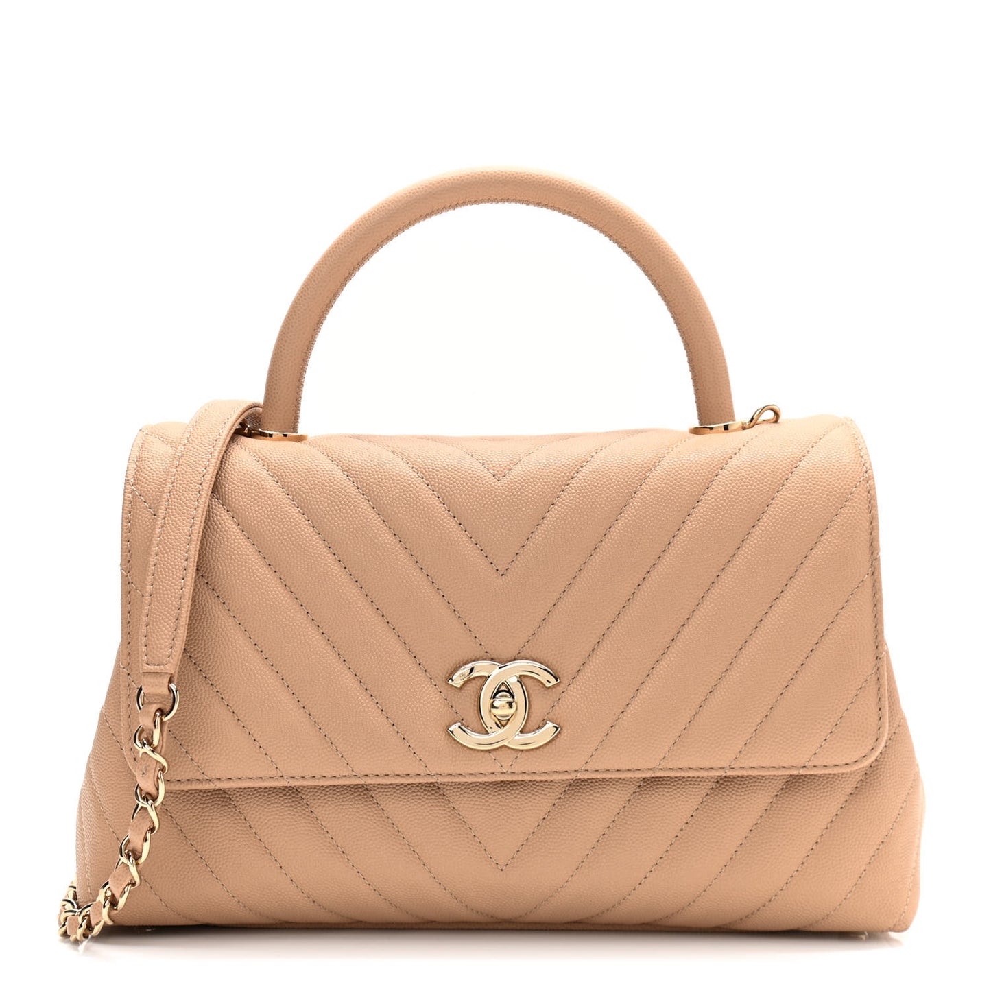Caviar Chevron Quilted Small Coco Handle Flap Beige
